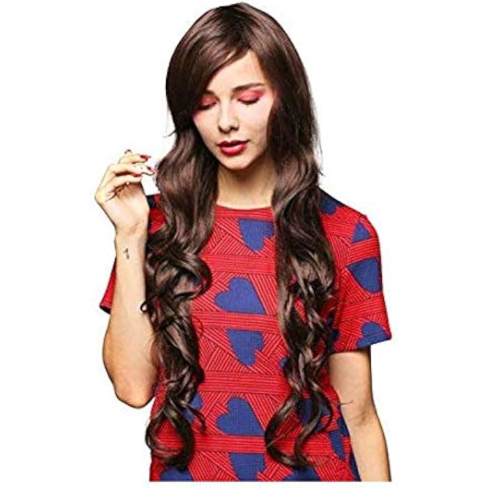 DILLARDS Brown Long Curly Wig - 34Curly Wig With Inclined Bangs Synthetic Wig For Women Natural As Real Hair Daily Party Cosplay Wigs (Dark Brown) - Image 4